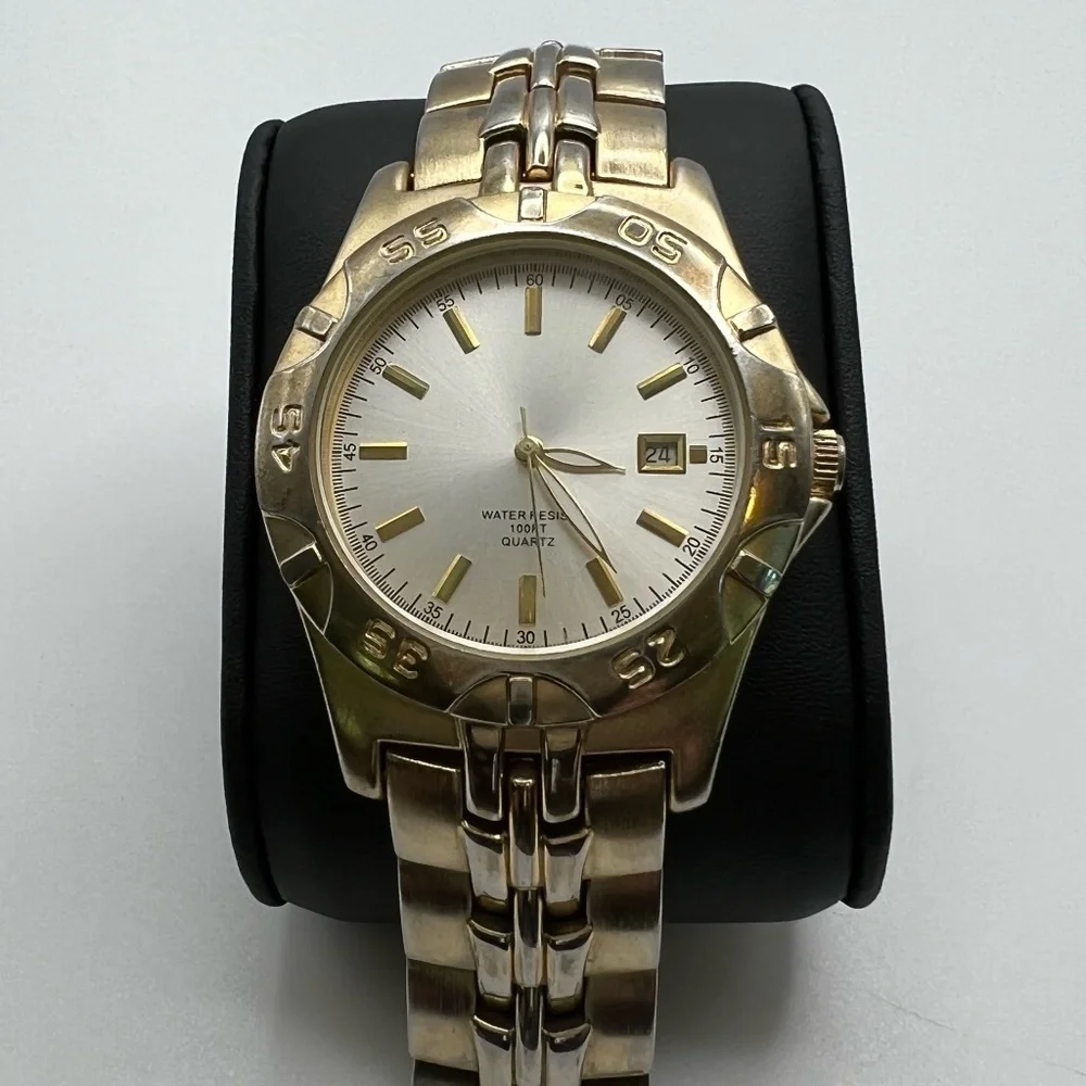 Water Resistant Mens Watch Two Tone Metal Link Bracelet Watch Working